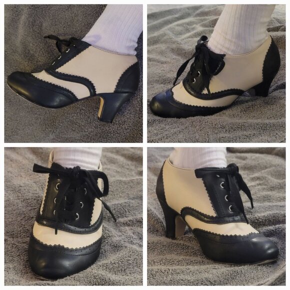 Cream and black oxford style low heel lace up shoes Modcloth size 5 - Picture 1 of 1